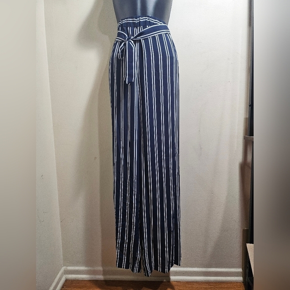 NWT Michael Kors Navy Blue White Stripe Wide Leg Pants with Belt Medium - Picture 4 of 11